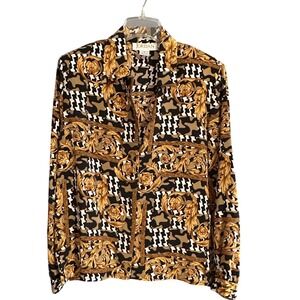 Jordan Vintage Baroque Geometric Print Button Down Blouse Gold Black Tan Size 8